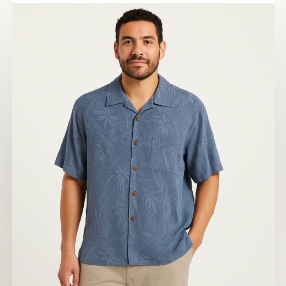 Jamaica Jaxx Men’s Silk Shirt XL Blue Palm Bamboo Pattern - Picture 1 of 10